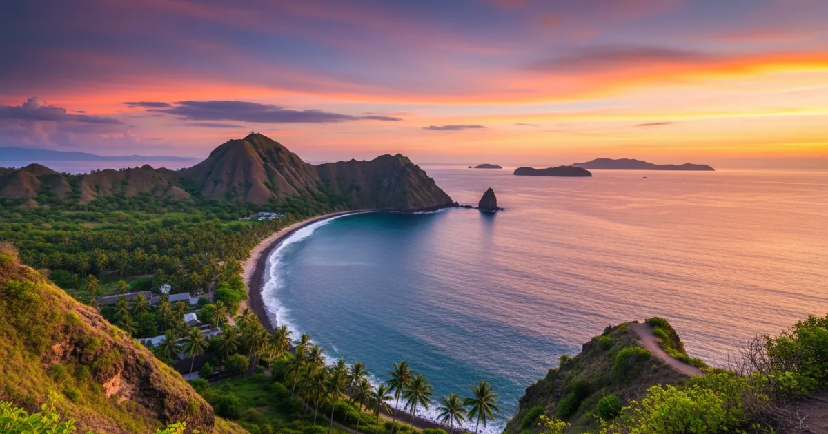 Panoramic sunset view from Malimbu Hill overlooking the ocean and Gili Islands