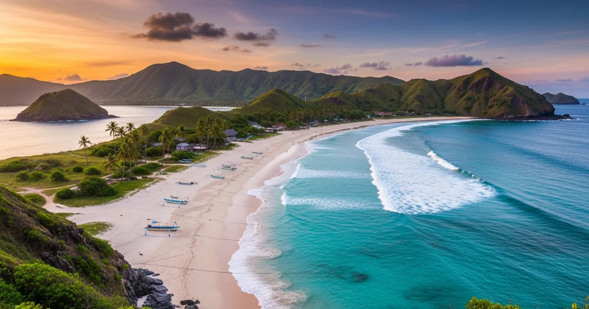 Panoramic view of Mandalika Beach in Lombok at sunset