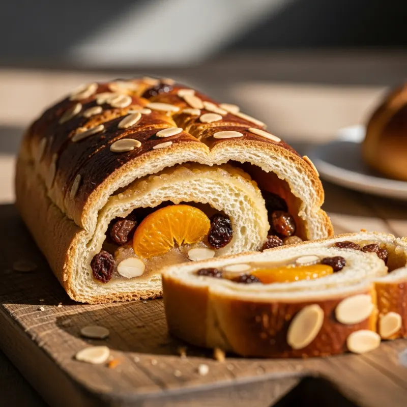 Sliced Marikenbrood revealing almond paste and fruit filling on a wooden board