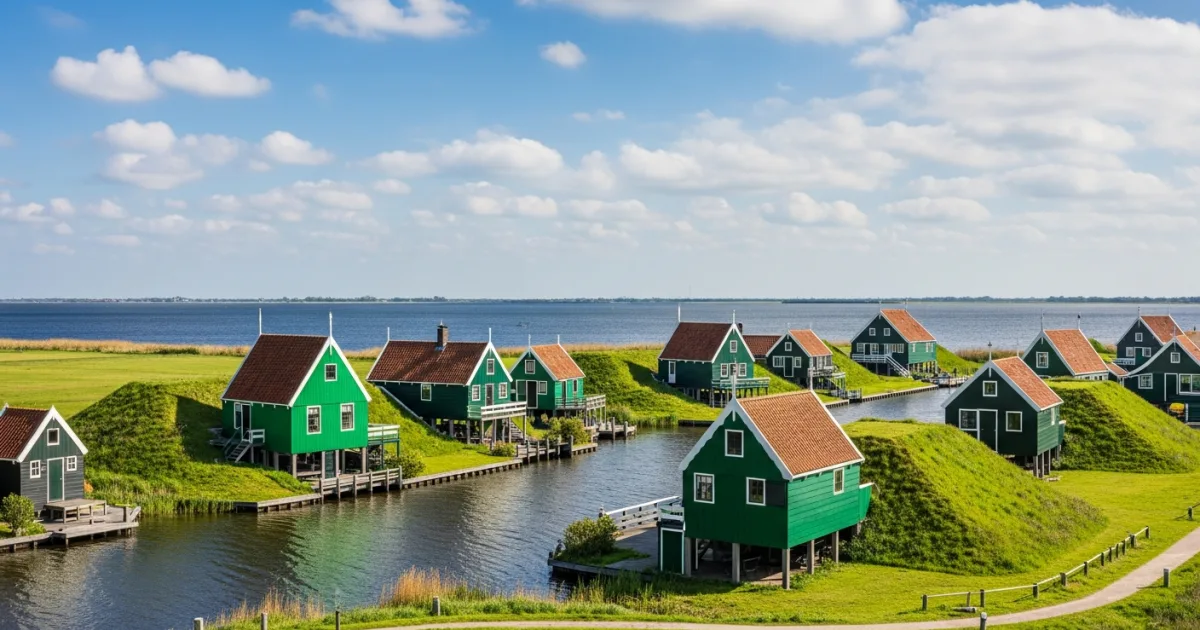 Traditional green and white wooden houses in the village of Marken, Netherlands
