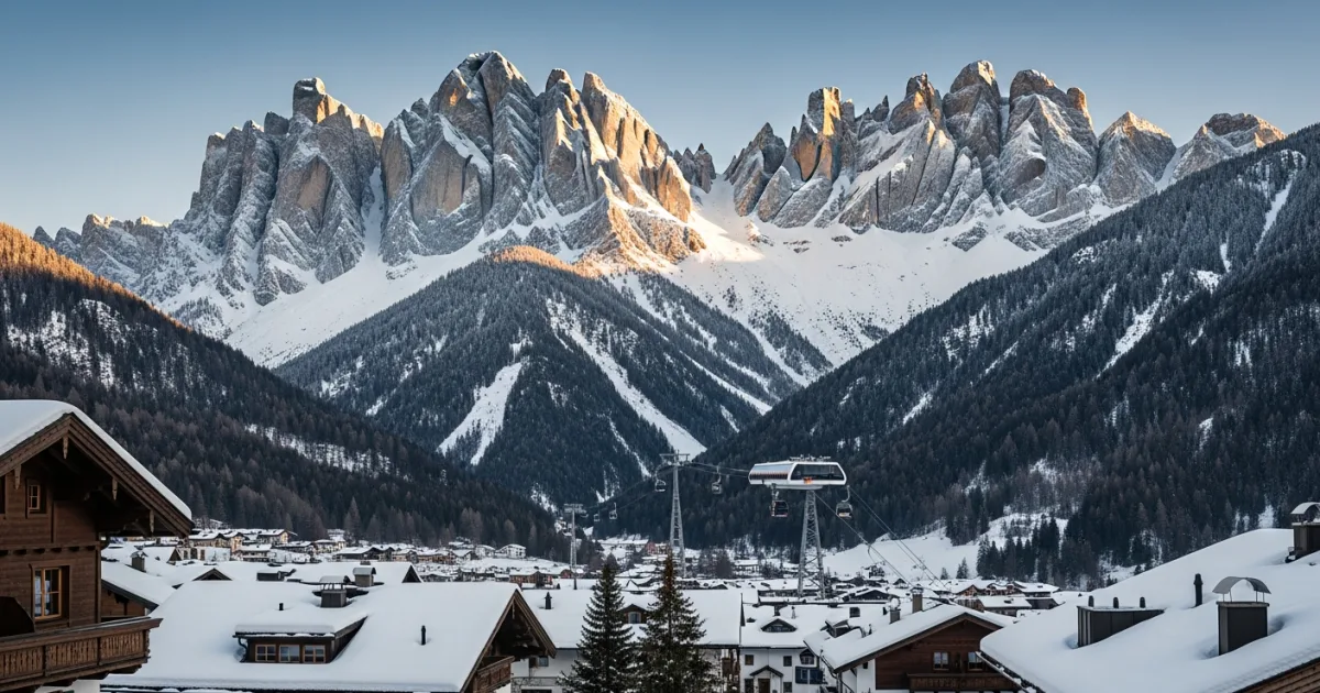 Snow-covered Tyrolean chalets in Mayrhofen with the Zillertal Alps in the background