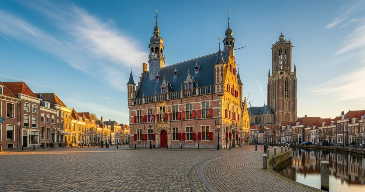 Historic city center of Middelburg featuring the Stadhuis and Lange Jan tower at golden hour