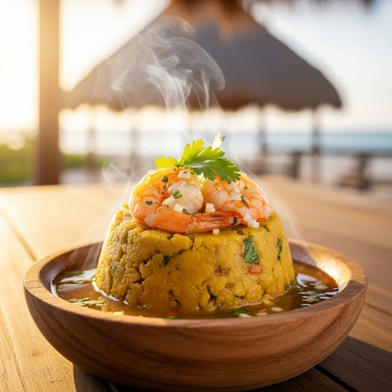 A traditional wooden mortar filled with Mofongo topped with garlic shrimp