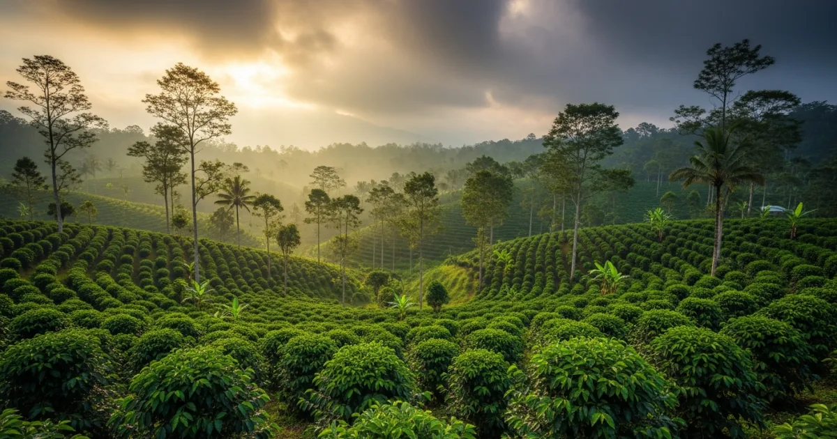 Lush green hills of the Munduk Coffee Plantation covered in morning mist
