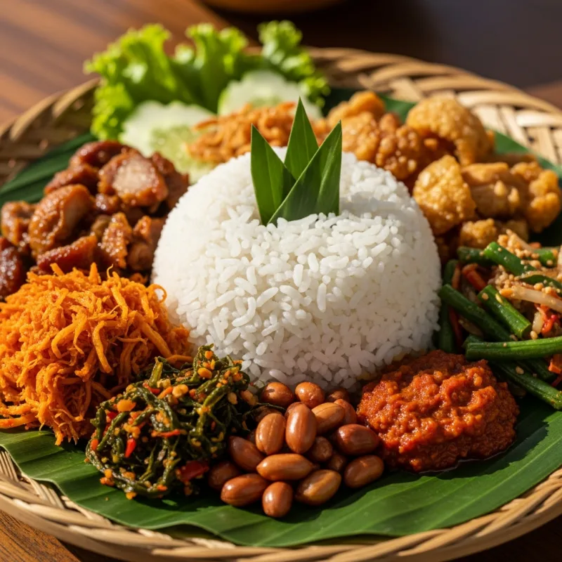 A traditional plate of Nasi Campur Bali with rice, meats, vegetables, and sambal