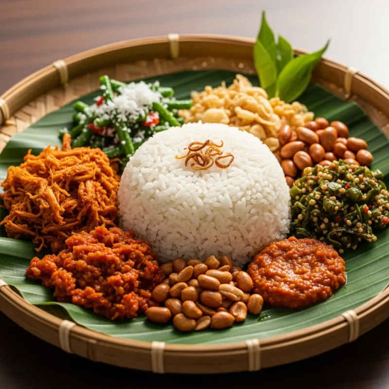 A traditional serving of Nasi Campur Bali on a banana leaf