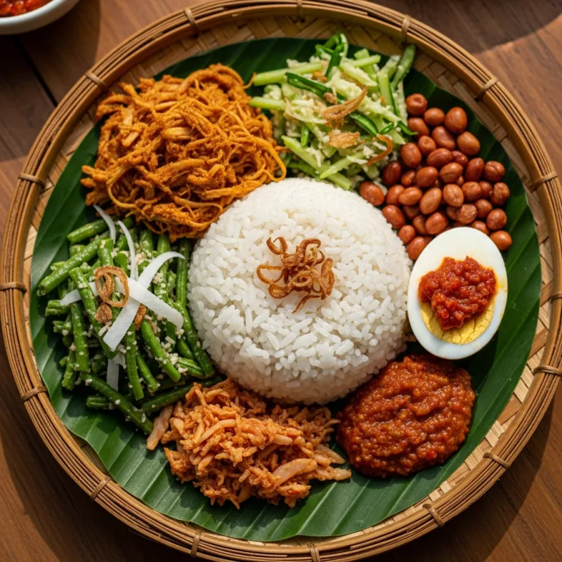 A traditional serving of Nasi Campur Bali on a banana leaf