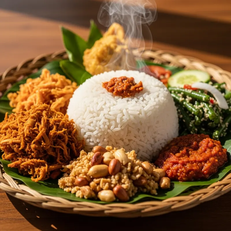 A traditional serving of Nasi Campur Bali on a banana leaf