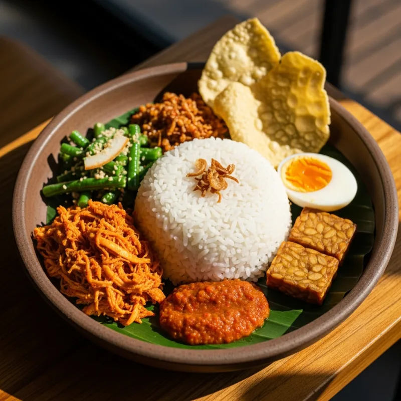 A colorful bowl of traditional Indonesian Nasi Campur
