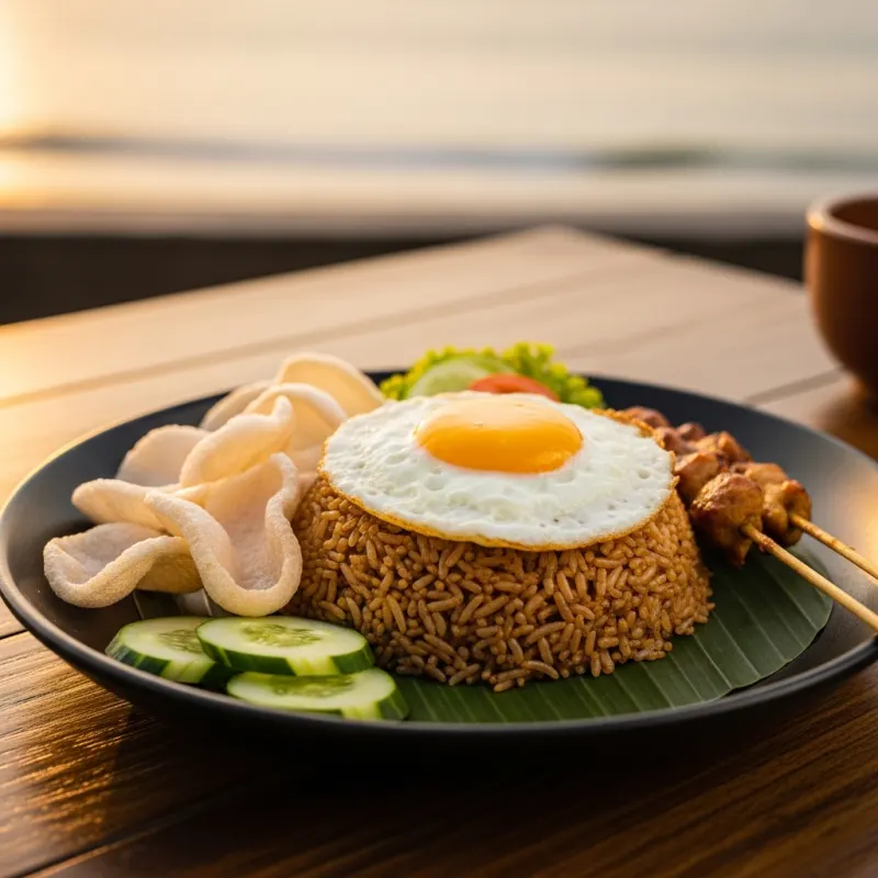 A plate of traditional Indonesian Nasi Goreng with a fried egg and prawn crackers