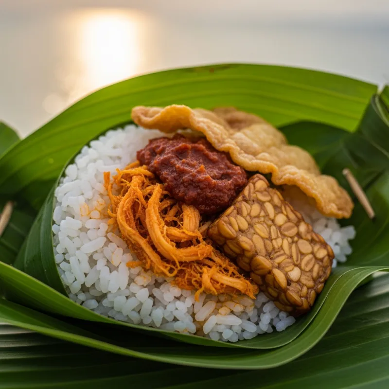Nasi Jinggo wrapped in a banana leaf on the beach