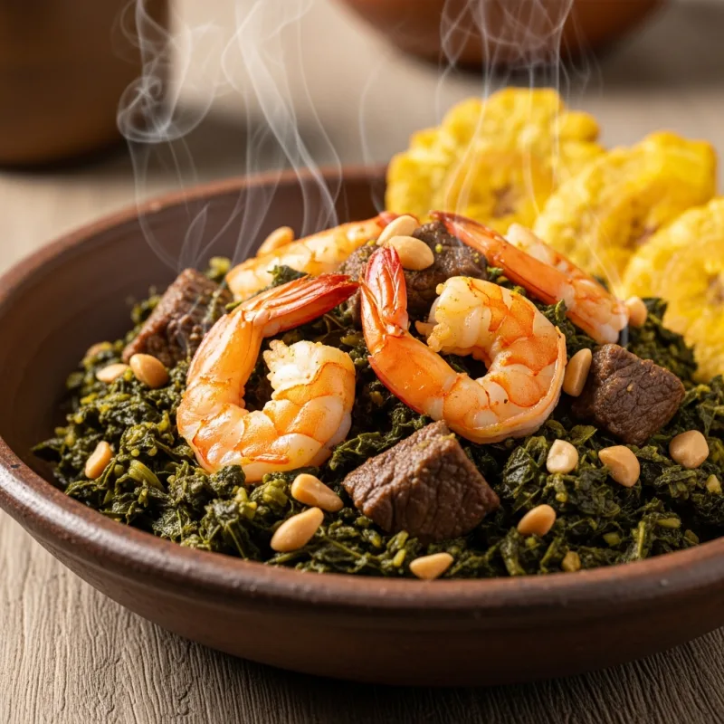 A bowl of traditional Cameroonian Ndolé stew with shrimp and beef, served with fried plantains.