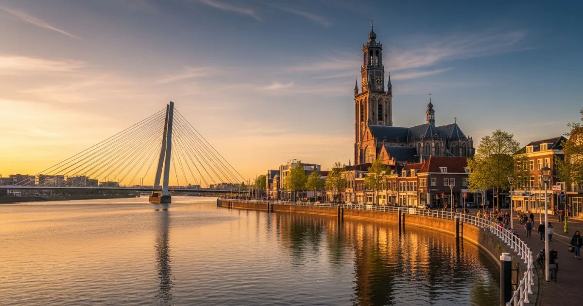 Panoramic view of Nijmegen riverfront and Waalbrug at sunset