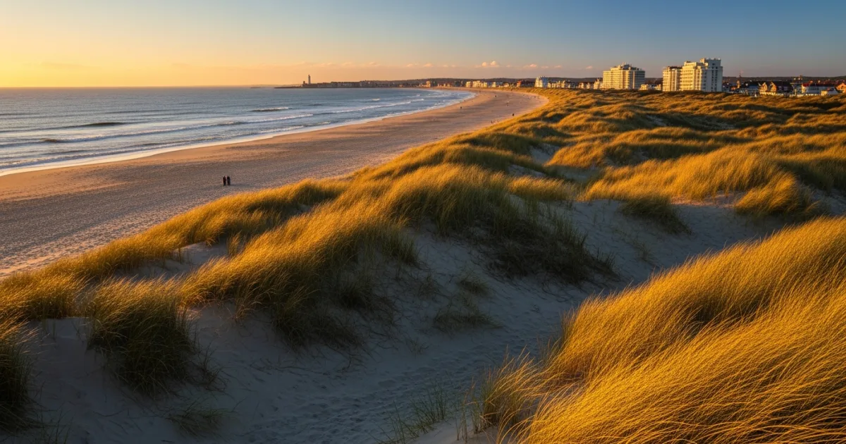 Scenic view of Noordwijk aan Zee beach and sand dunes at sunset