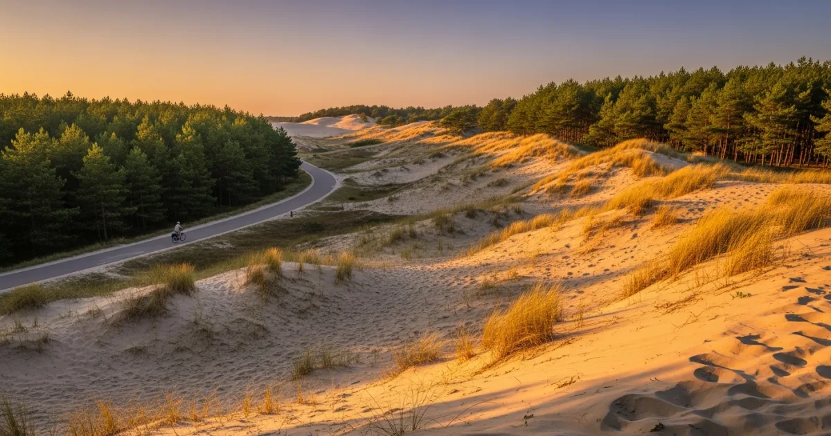 Expansive sand dunes and pine forests in Loonse en Drunense Duinen National Park at sunset