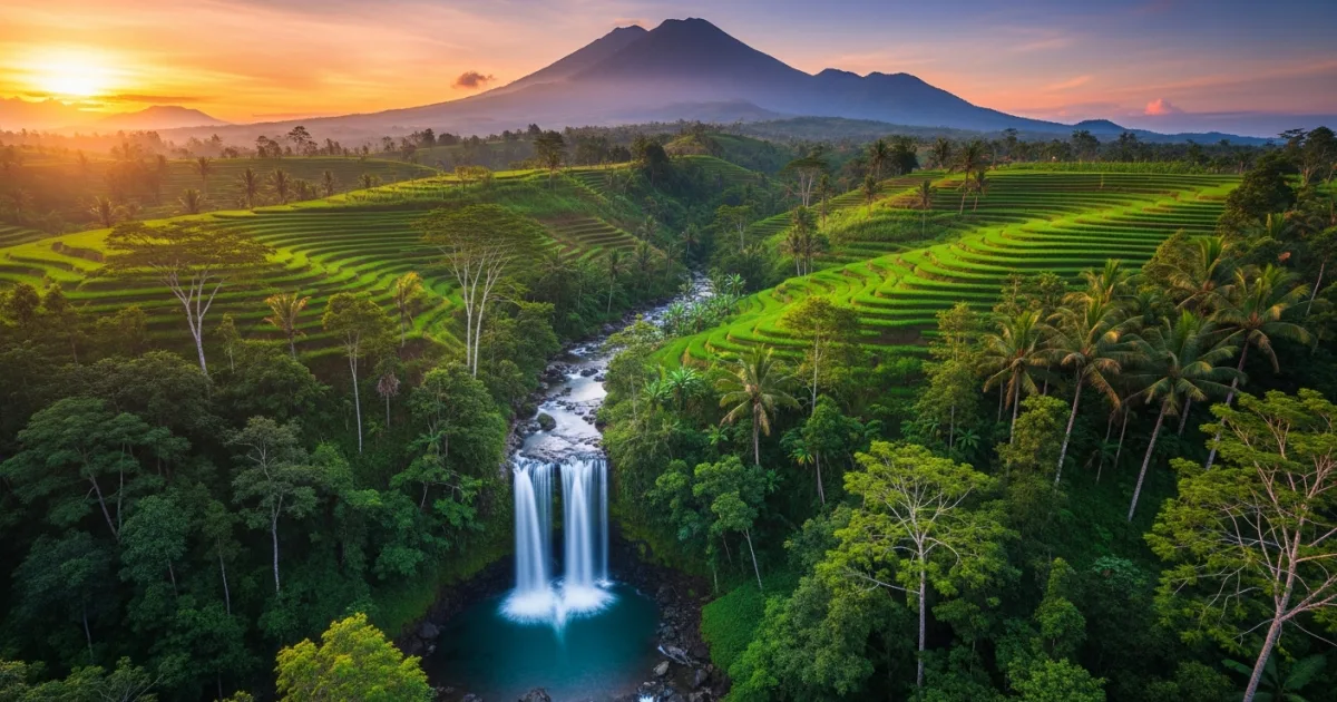 Sunrise over Mount Rinjani and lush terraced landscapes in North Lombok