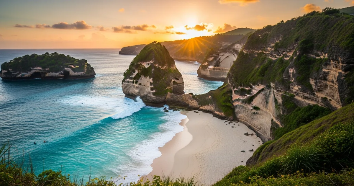 Scenic view of Padang Padang Beach in Uluwatu, Bali at sunset