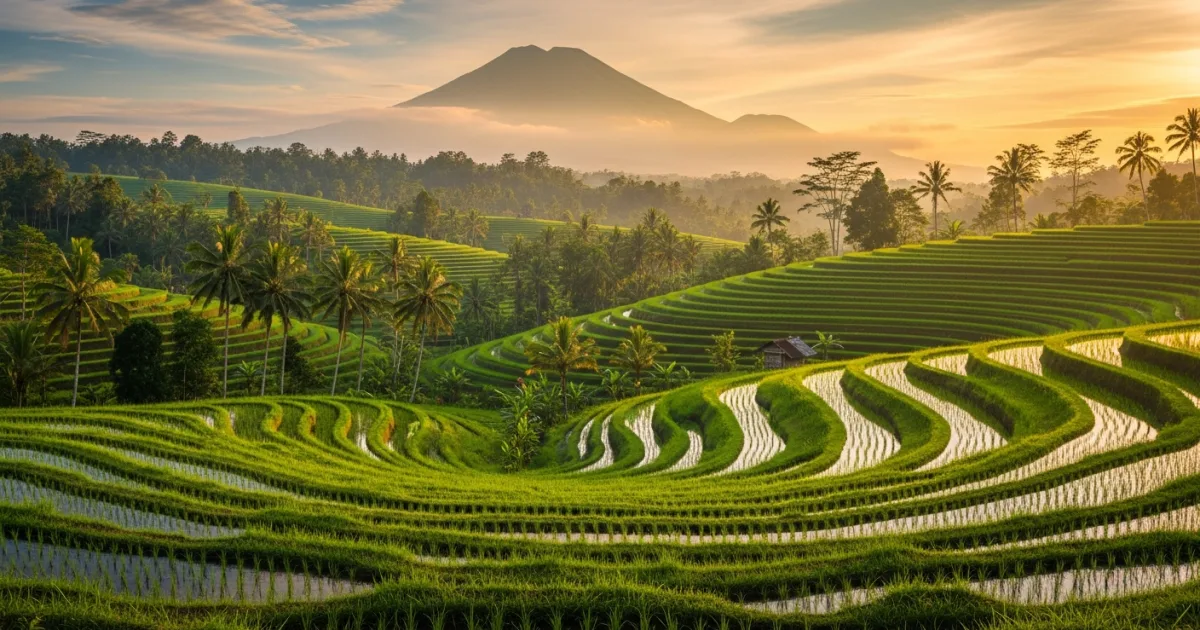 Golden hour view of the Jatiluwih Rice Terraces in Penebel, Bali