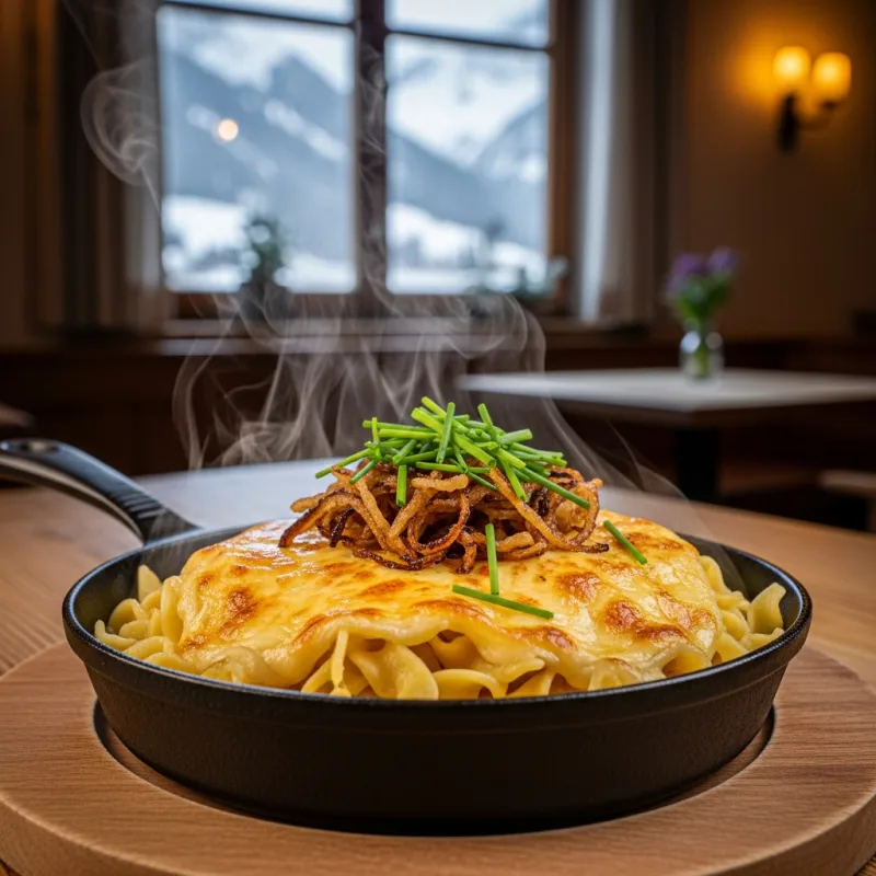 A cast-iron skillet of Pinzgauer Kasnocken with melted cheese and onions