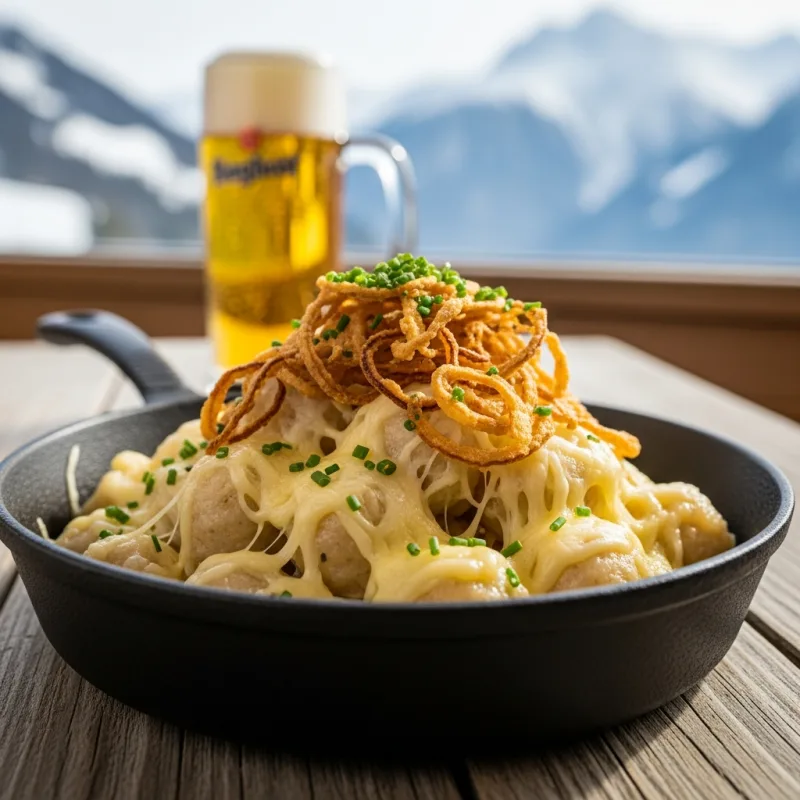 Pinzgauer Kasnocken served in a cast-iron skillet with melted cheese and fried onions