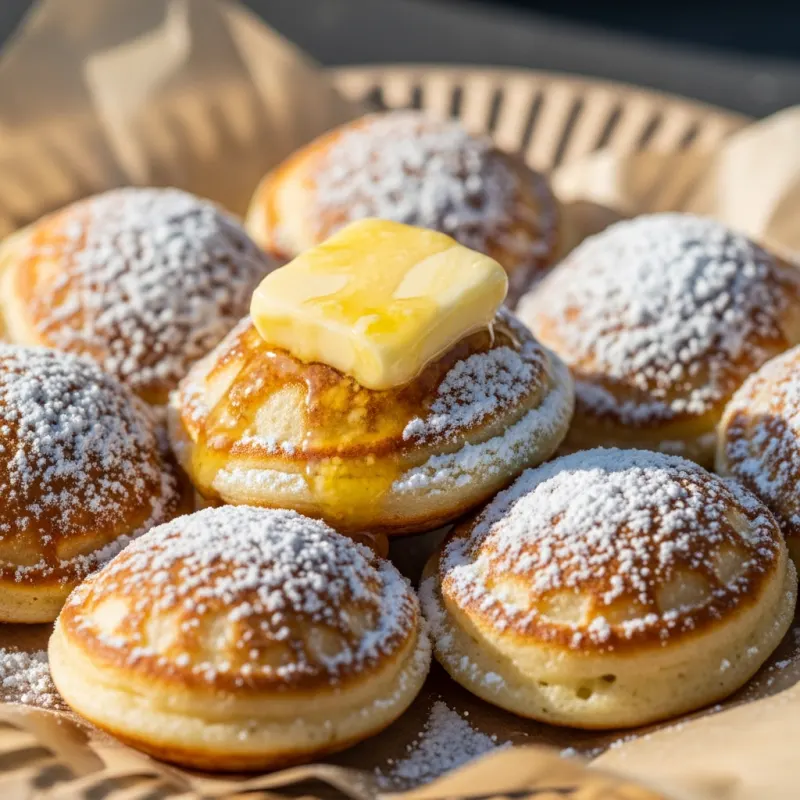 Freshly baked Dutch poffertjes topped with butter and powdered sugar