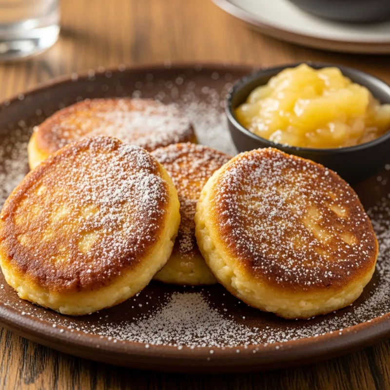 A plate of traditional Saxon Quarkkäulchen dusted with cinnamon sugar alongside applesauce