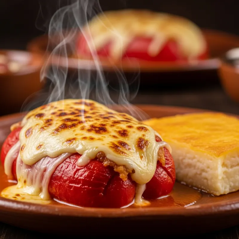 Rocoto Relleno stuffed pepper with melted cheese and potato gratin