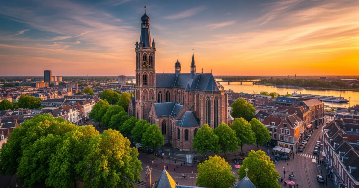 Panoramic view of Roermond featuring the historic Munsterkerk at sunset