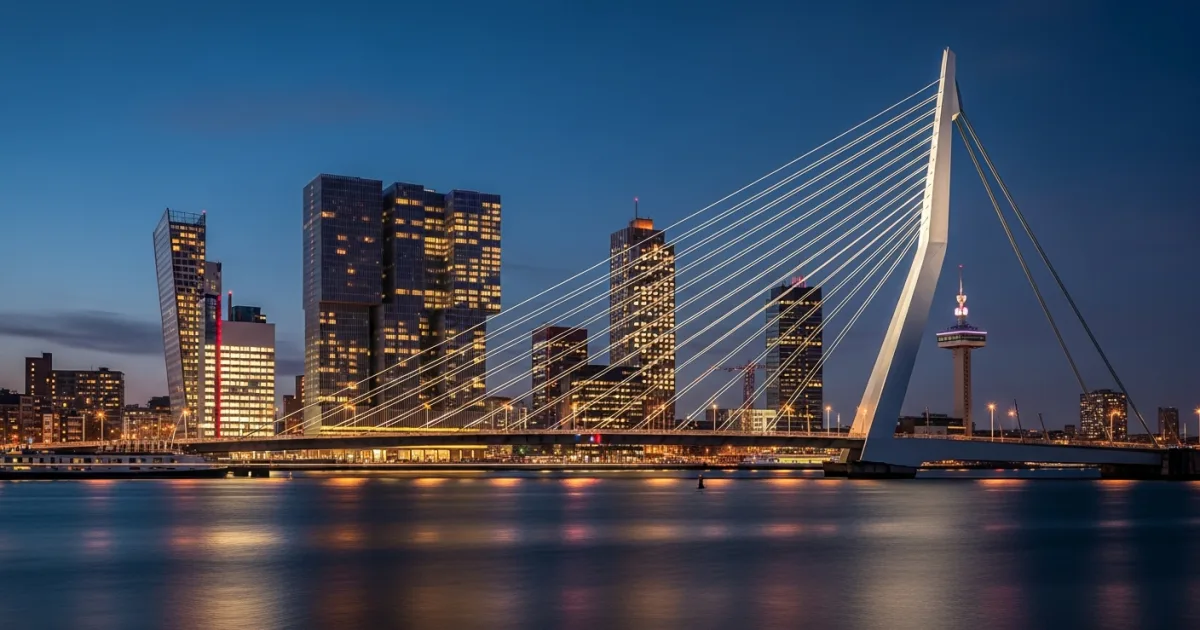 Rotterdam skyline at twilight featuring the illuminated Erasmus Bridge and modern skyscrapers along the Maas River.