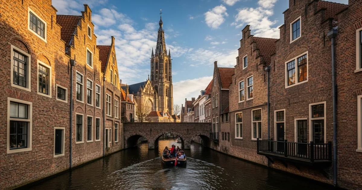 A boat navigating the historic Binnendieze canal beneath medieval brick buildings in 's-Hertogenbosch