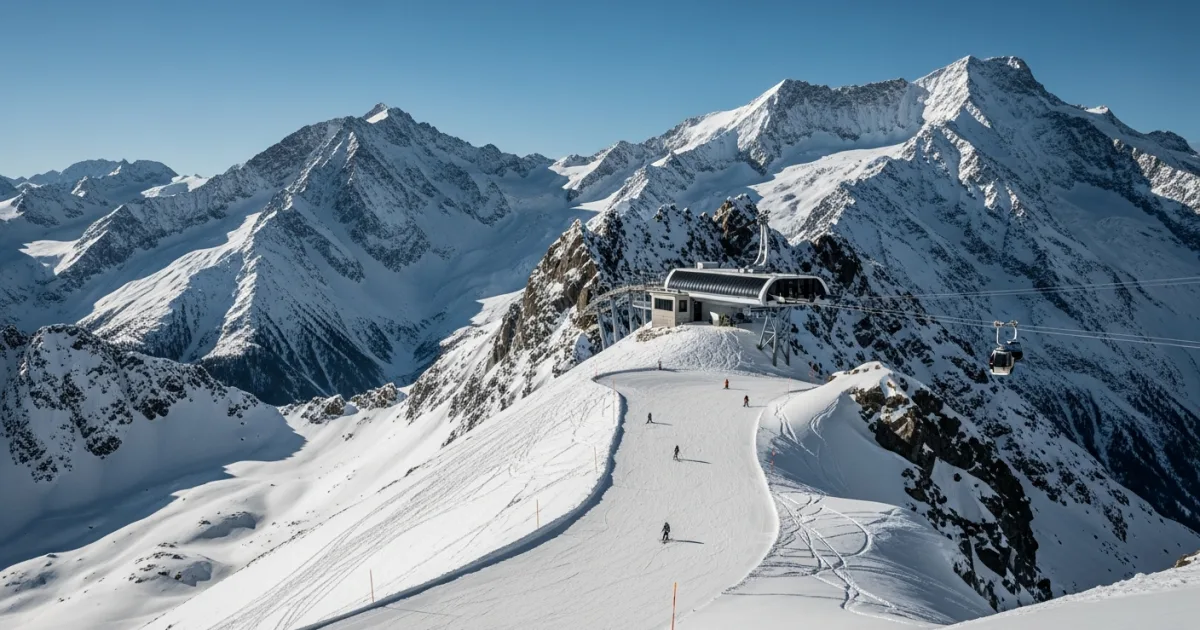 Snow-capped Ötztal Alps and ski slopes in Sölden, Austria