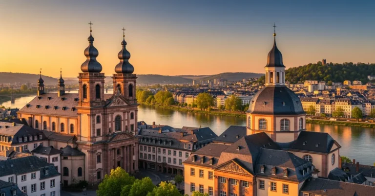 Saarbrucken 1 Panoramic view of Saarbrücken featuring baroque architecture and the Saar River at sunset