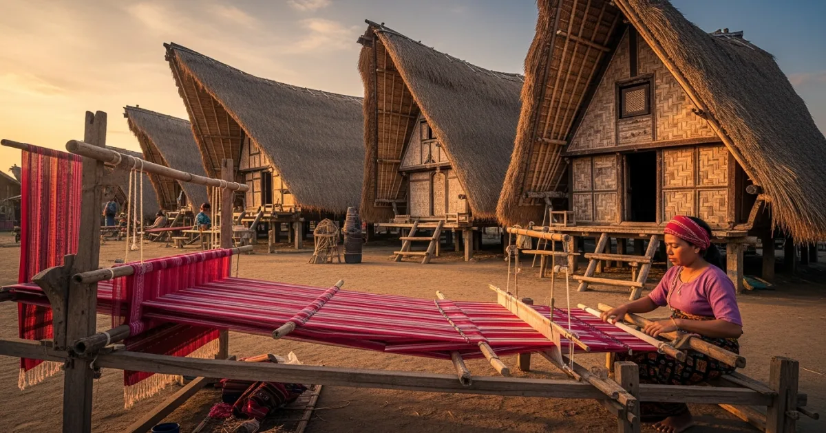 Traditional Sasak houses and a local woman weaving in Sade Village, Lombok