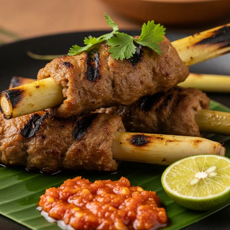 Balinese Sate Lilit grilled on lemongrass stalks served on a banana leaf