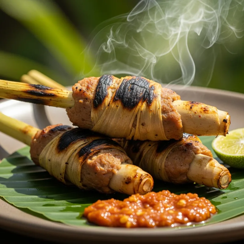 Balinese Sate Lilit grilled on lemongrass stalks