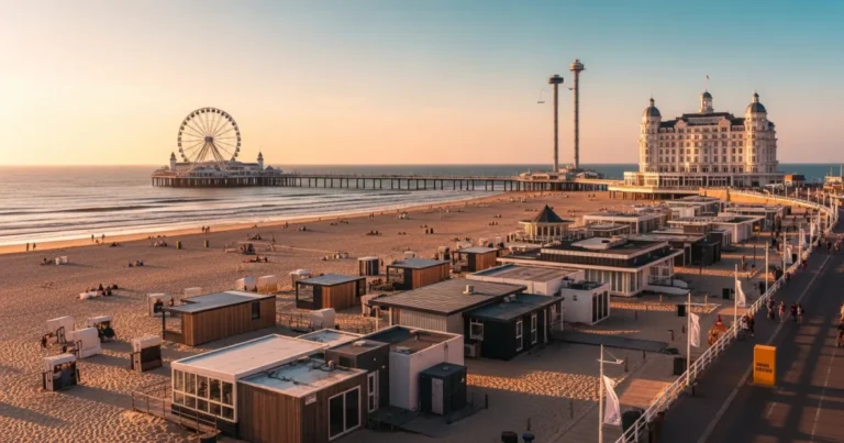 Scheveningen Beach 3 Panoramic view of Scheveningen Beach at sunset featuring the Pier, Ferris wheel, and Kurhaus