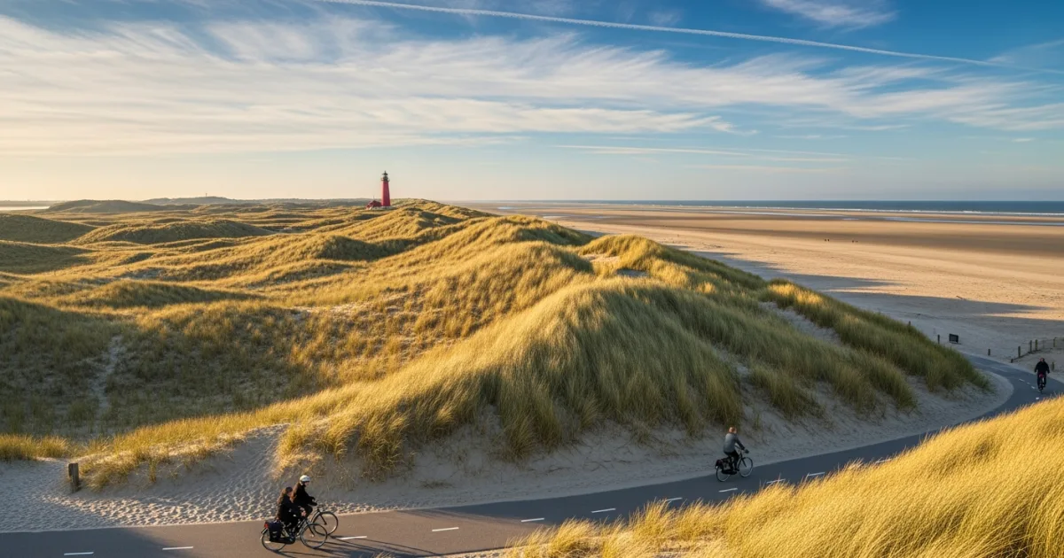 Expansive sand dunes and a red lighthouse on the car-free island of Schiermonnikoog