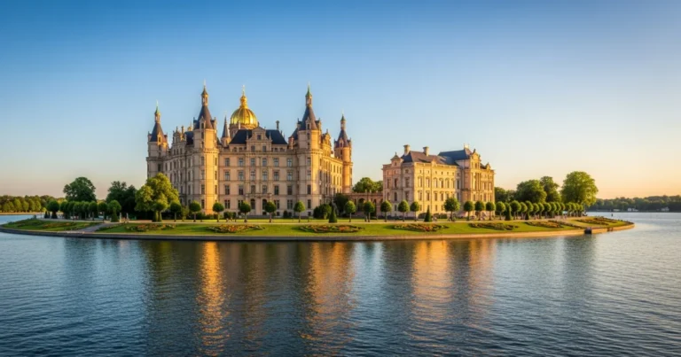 Schwerin 4 Schwerin Castle on an island surrounded by Lake Schwerin at sunset