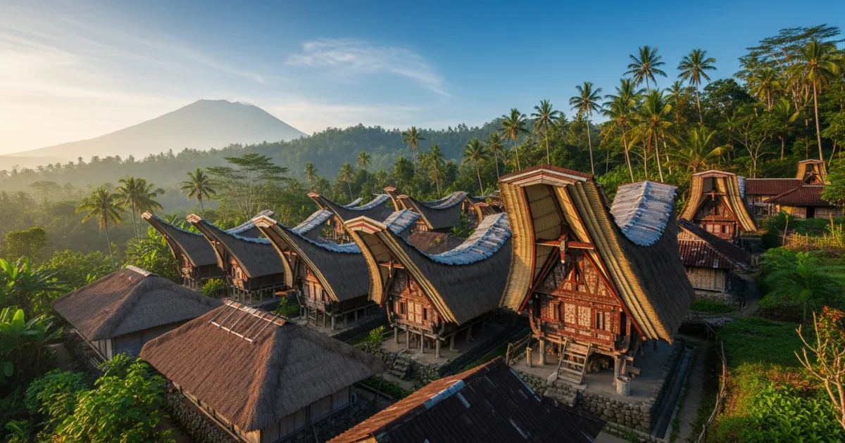 Senaru Traditional Village with thatched roof houses in Lombok