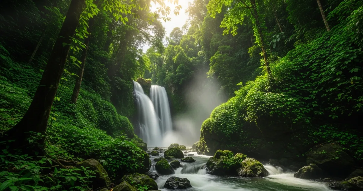 Sendang Gile Waterfall cascading through the lush jungle of Senaru, Lombok