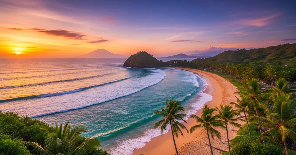 Golden hour sunset over the sweeping bay of Senggigi Beach in Lombok