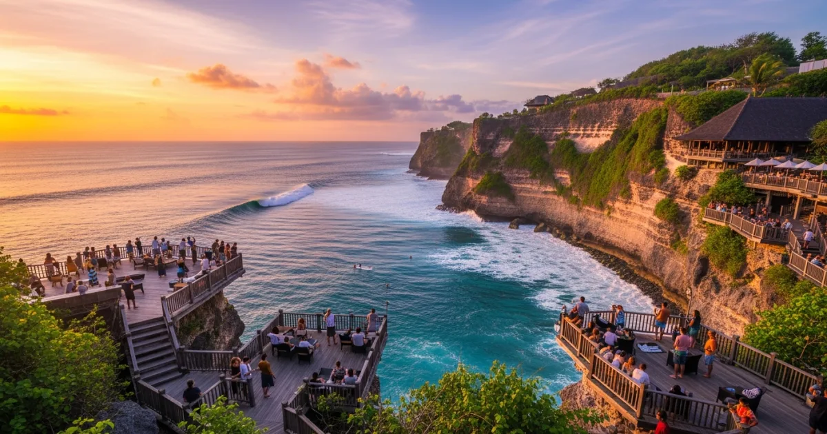 Panoramic view of Single Fin Bali cliffside bar during a vibrant sunset