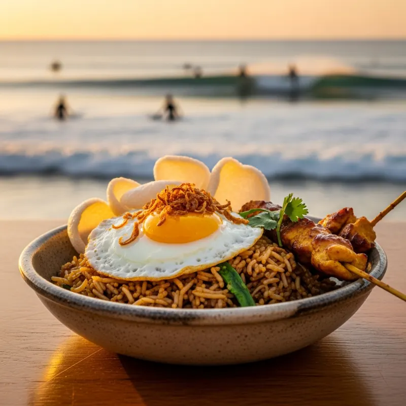 A bowl of Nasi Goreng with a fried egg and satay at Single Fin Bali