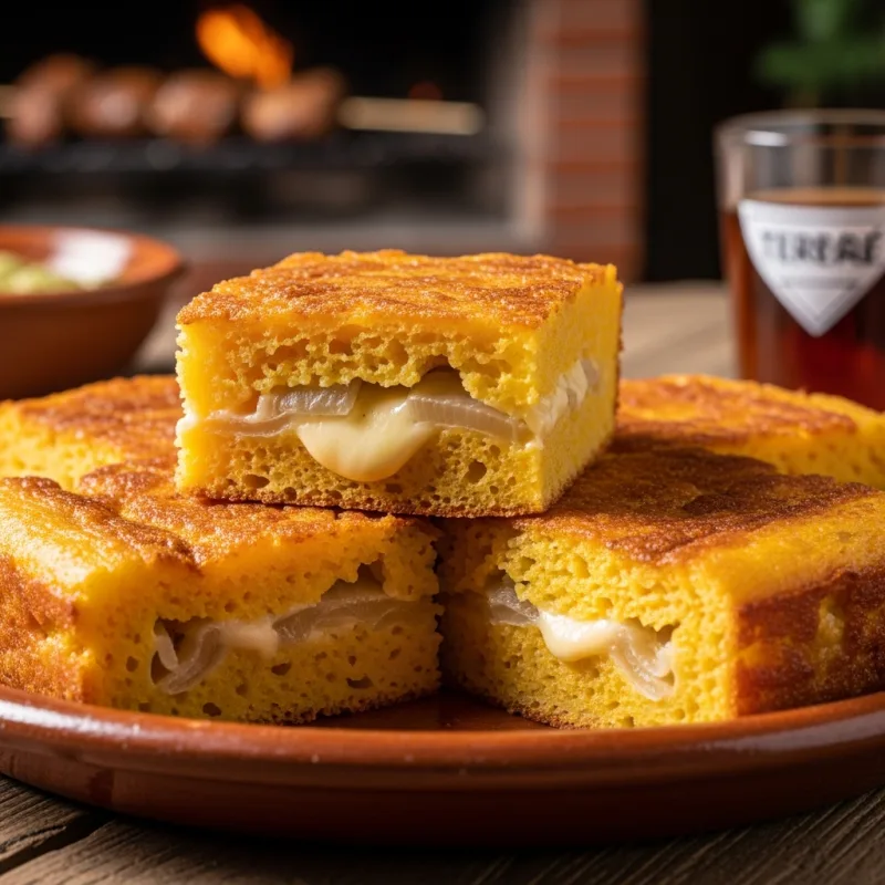 Sopa Paraguaya savory cornbread on a rustic plate