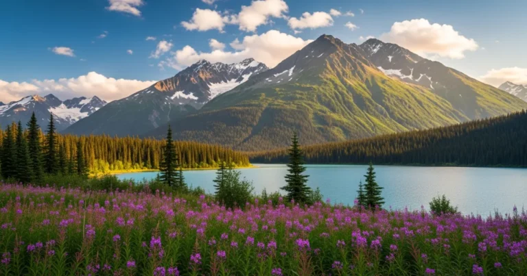 Southcentral Alaska 3 Scenic summer landscape of Southcentral Alaska with fireweed, a glacial lake, and snow-capped mountains