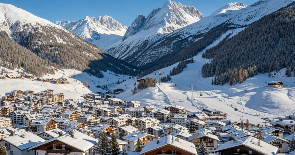 Snow-covered village of St. Anton am Arlberg surrounded by alpine peaks