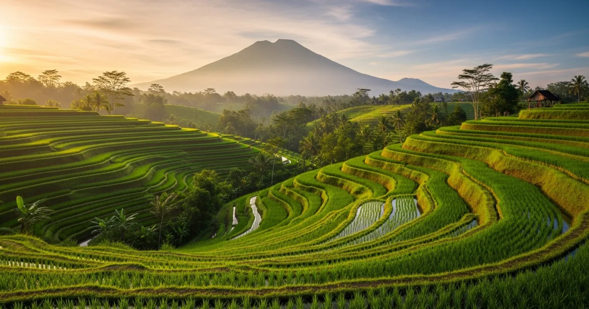 Lush green Jatiluwih rice terraces in Tabanan Regency with Mount Batukaru in the background