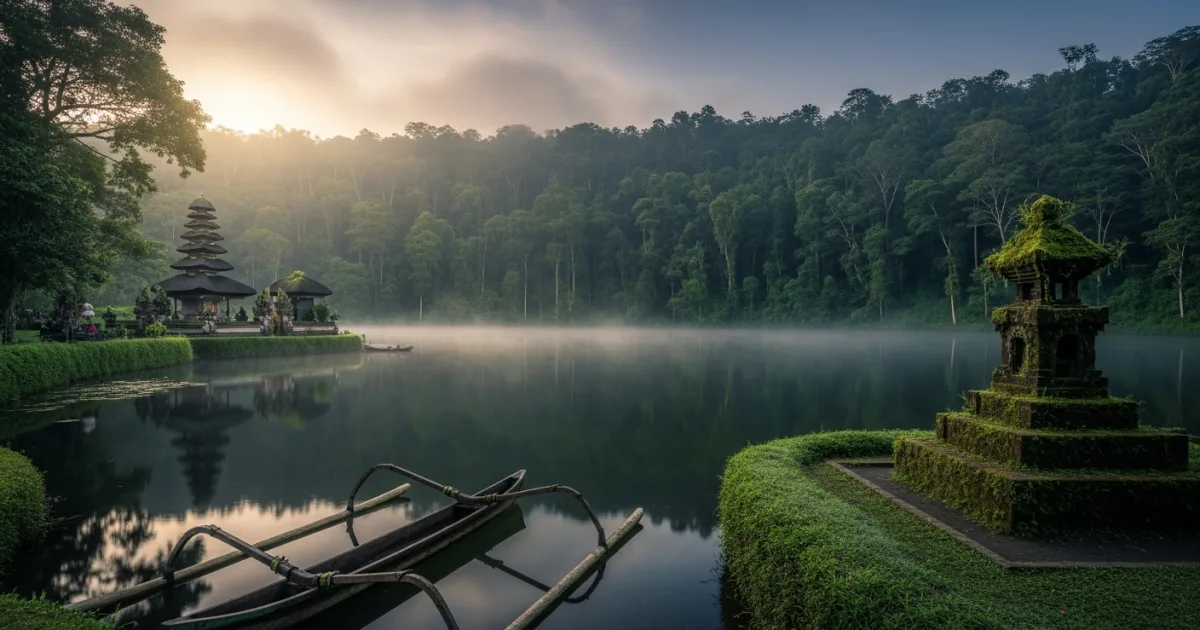Misty morning view of Tamblingan Lake with a traditional wooden canoe