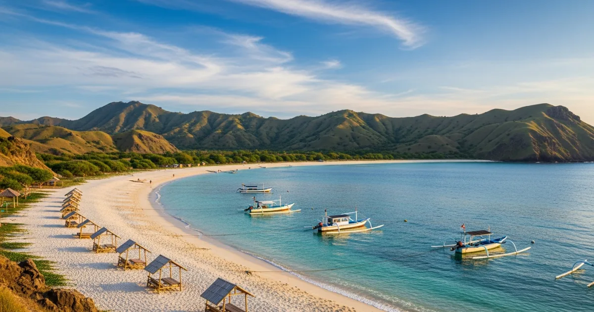 Panoramic view of Tanjung Aan Beach with turquoise water and green hills