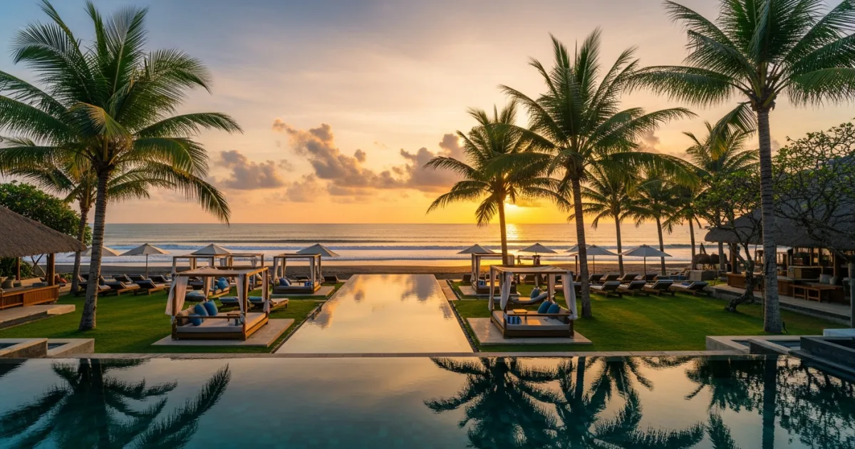 The Lawn Canggu beach club at sunset with infinity pool and daybeds